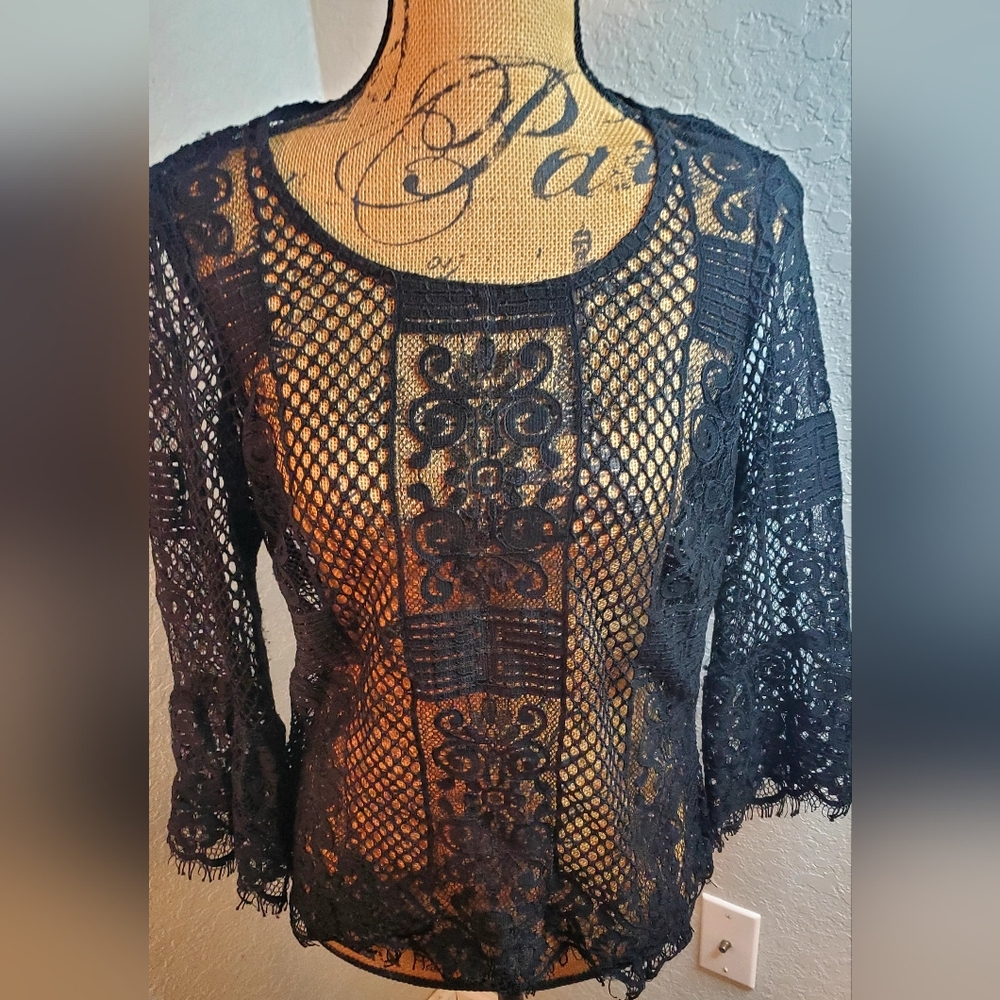 Mary Kay  Nicole Miller Black Crochet Lace Top with Sheer Pattern